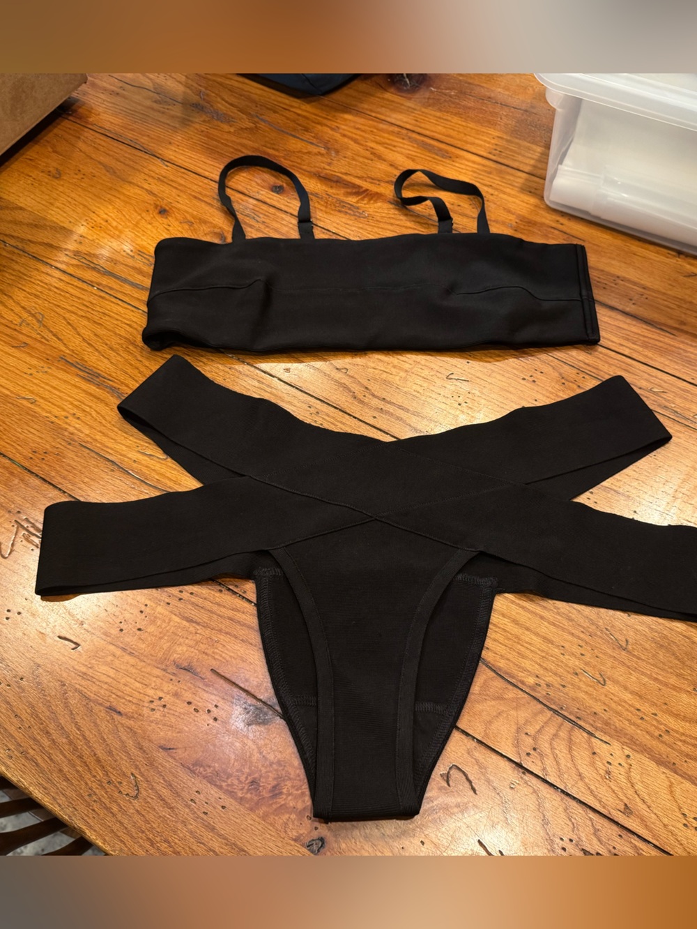 Skims 2X Knit Beachwear Bandeau Top and 3X Stappy Bottom in Onyx